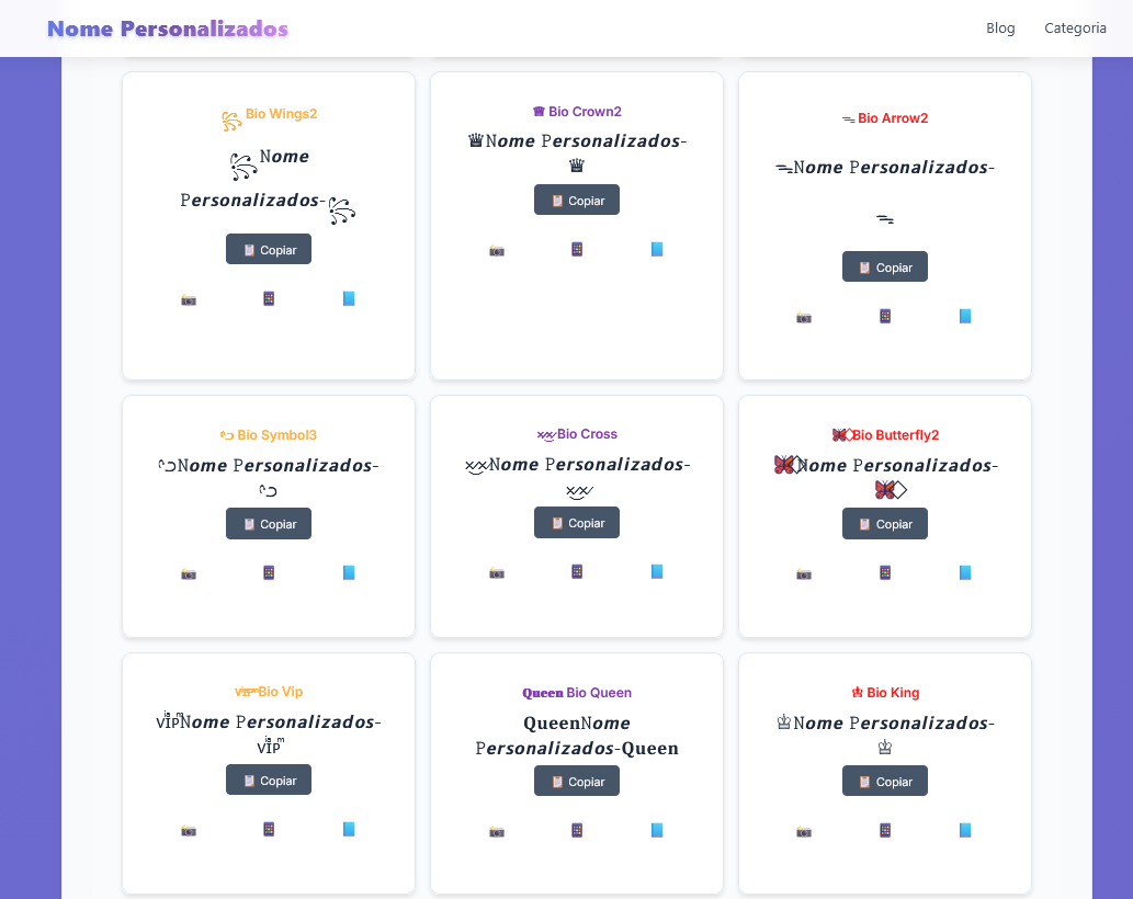 Interface do site NomePersonalizados com diversas opções de letras diferentes